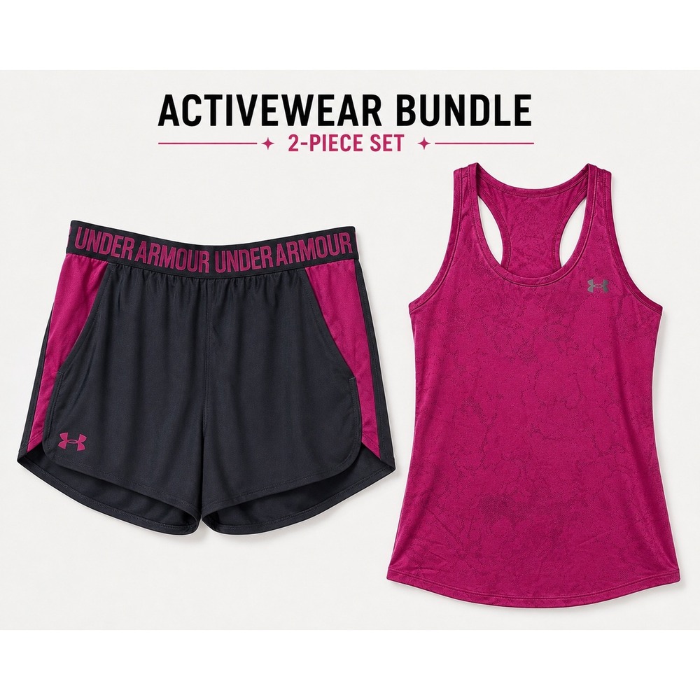Under Armour HeatGear Activewear Set Pink Charcoal Tank Top & Shorts Womens LG